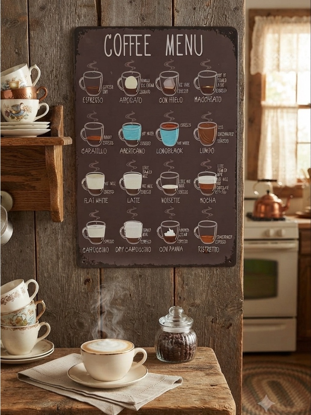 Coffee Menu Wall Art with Brown and White Design